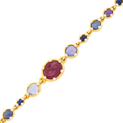 Lot 47 - JAR Gold, Cabochon Ruby and Sapphire and Cultured Pearl Bracelet, France