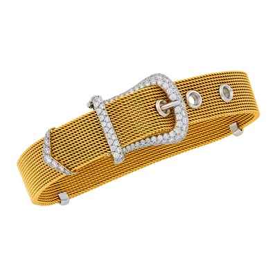 Lot 55 - Tiffany & Co. Gold, Platinum and Diamond Mesh Buckle Bracelet