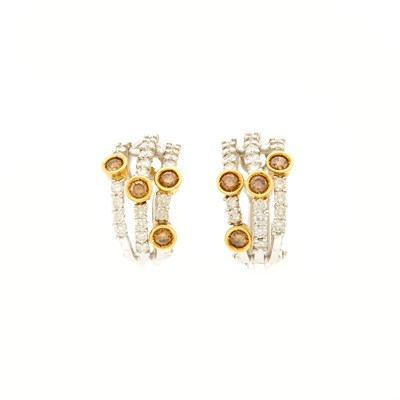 Lot 2100 - Pair of Two-Color Gold, Diamond and Colored Diamond Half-Hoop Earclips