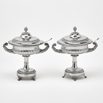 Lot 209 - Pair of Swedish Empire Silver Covered Footed Bowls and Associated Pair of Swedish Silver Sugar Sifters