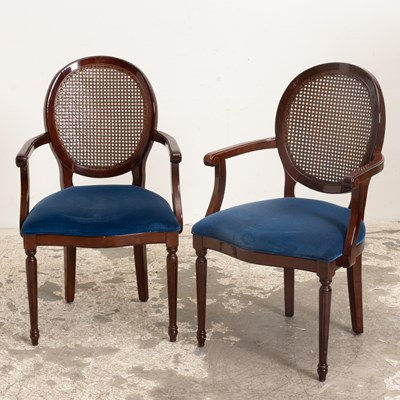 Lot 291 - Pair of Cane Back Blue Upholstered Seating Armchairs