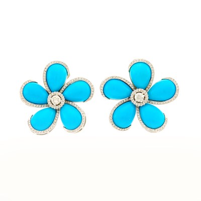 Lot 2097 - Pair of White Gold, Reconstitued Turquoise and Diamond Earrings