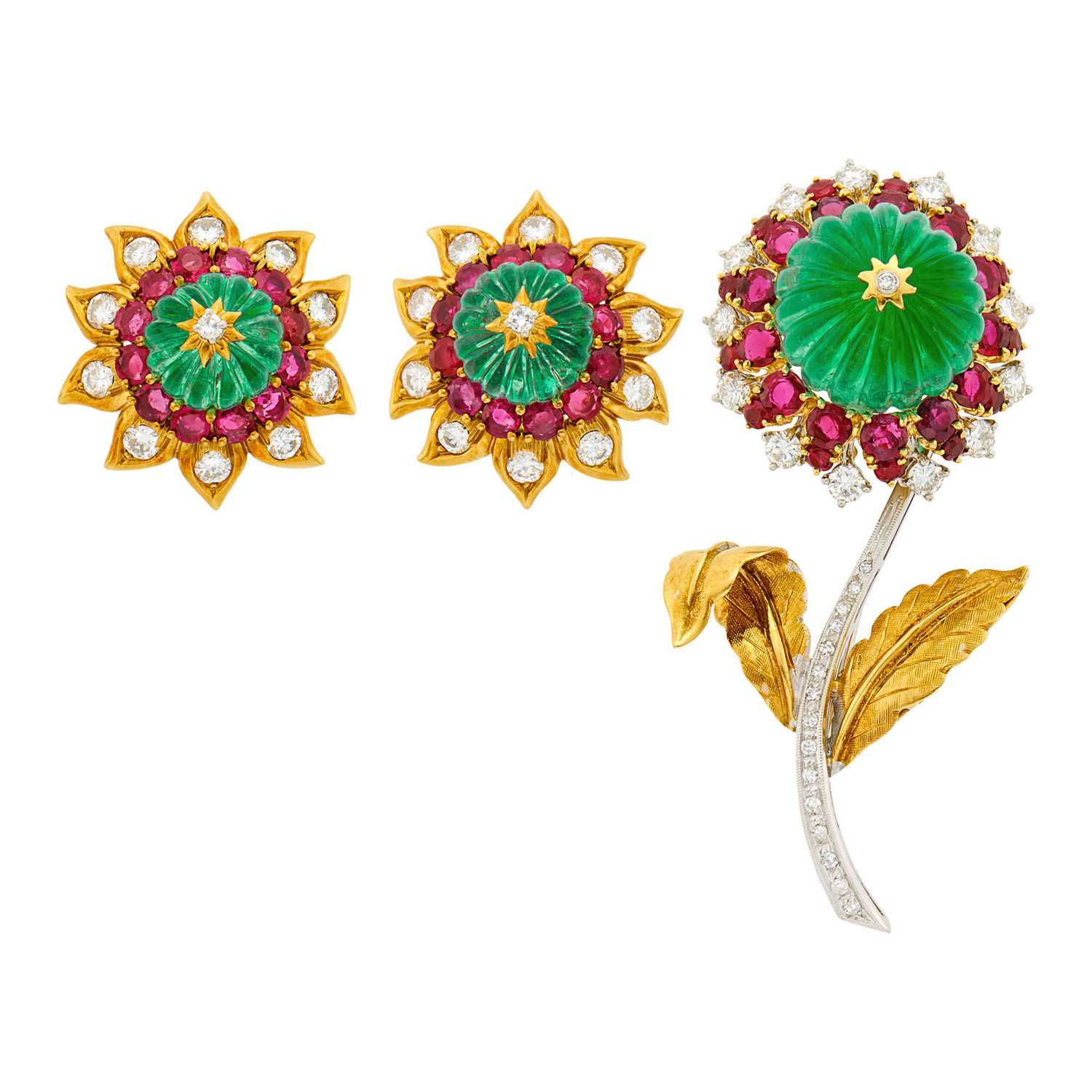 Lot 1086 - Two-Color Gold, Carved Emerald Bead, Ruby and Diamond Brooch and Pair of Earclips