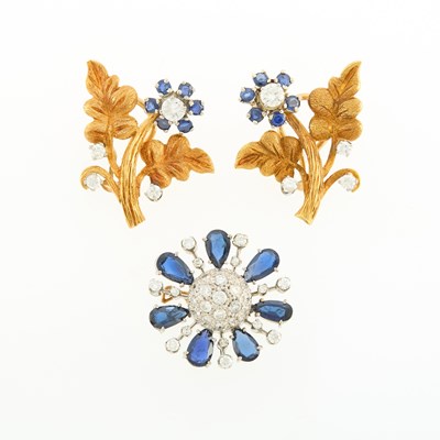 Lot 2262 - Platinum, Sapphire and Diamond Flower Fragment and Pair of Gold Earclips