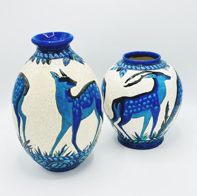 Lot Two Charles Catteau for Boch Freres Keramis "Biches Bleues" Pattern Vases