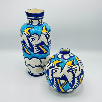 Lot 1060 - Two Charles Catteau for Boch Freres Keramis Art Deco Pelican Vases
