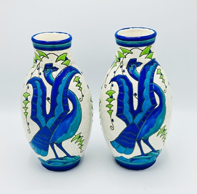 Lot 1062 - Pair of Charles Catteau for Boch Freres Keramis Art Deco Bird Vases
