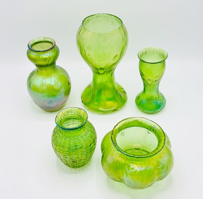Lot 1091 - Group of Five Green Iridescent Art Glass Vases