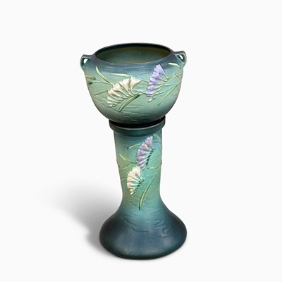 Lot 1078 - Roseville "Green Fresia" Pottery Jardiniere on Stand