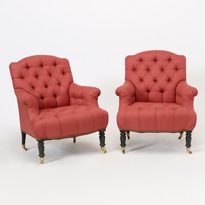 Lot Pair of Button-Tufted Upholstered Club Chairs
