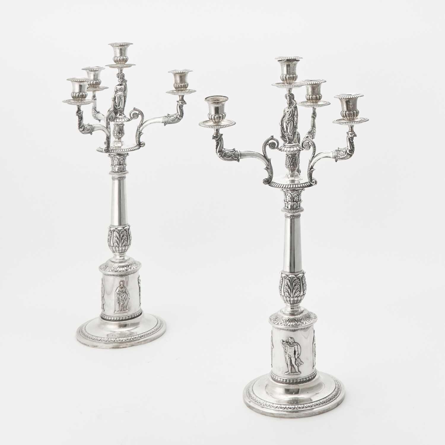 Lot 118 - Southern Interest: Pair of Continental Silver Four Light Figural Candelabra