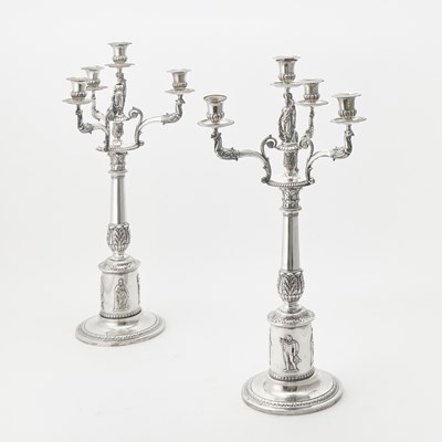Lot 118 - Southern Interest: Pair of Continental Silver Four Light Figural Candelabra
