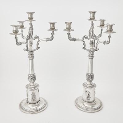 Lot 118 - Southern Interest: Pair of Continental Silver Four Light Figural Candelabra