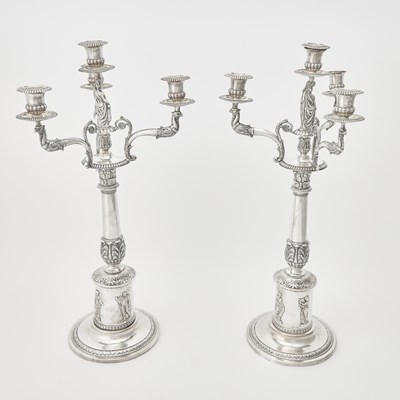 Lot 118 - Southern Interest: Pair of Continental Silver Four Light Figural Candelabra