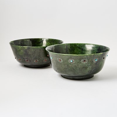 Lot 433 - A Large Pair of Embellished Chinese Spinach Jade Bowls