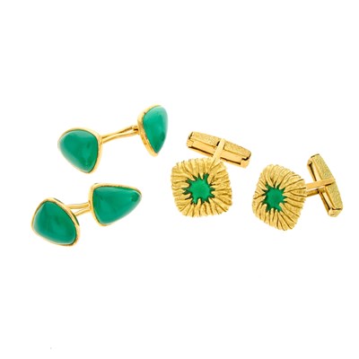 Lot 2204 - Two Pairs of Gold, Green Enamel and Green Onyx Cufflinks