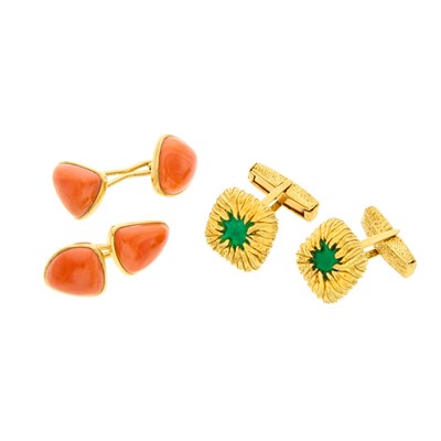 Lot 2207 - Two Pairs of Gold, Enamel and Coral Cufflinks