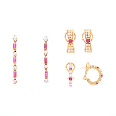 Lot 2286 - Three Pairs of Gold, Ruby and Diamond Earrings