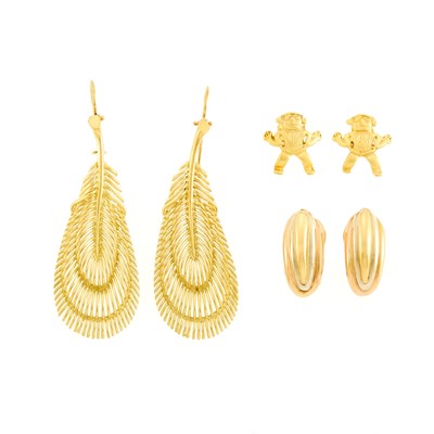 Lot 2285 - Pair of Tricolor Gold Earclips, Pair of Gold Feather Pendant-Earrings and Pair of Costume Figural Earrings
