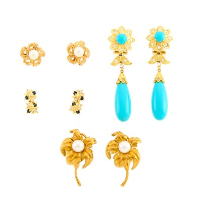 Lot 2156 - Four Pairs of Gold, Turquoise, Cultured Pearl, Diamond and Sapphire Earrings