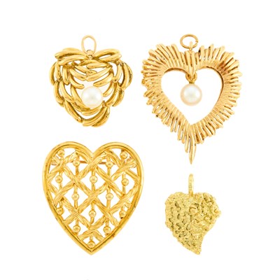 Lot 2278 - Group of Gold and Cultured Pearl Heart Brooches