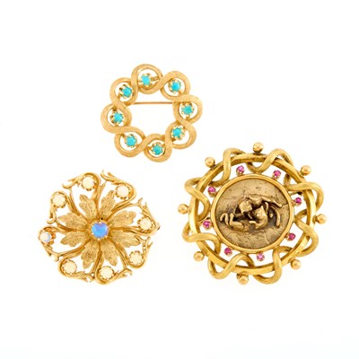 Lot 2216 - Three Gold, Turquoise, Opal and Ruby Brooches