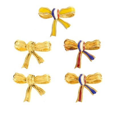 Lot 2282 - Five Gold and Enamel Bow Brooches