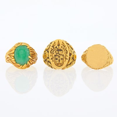 Lot 2291 - Three Gold and Jade Rings