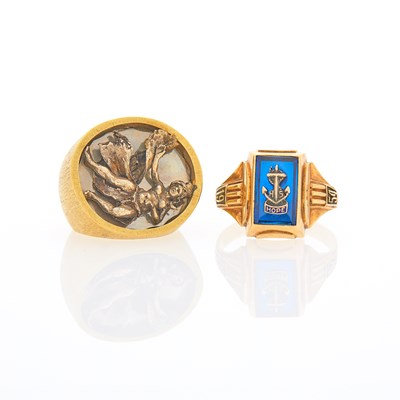 Lot 2209 - Two Gold, Low Karat Gold, Silver and Enamel Rings