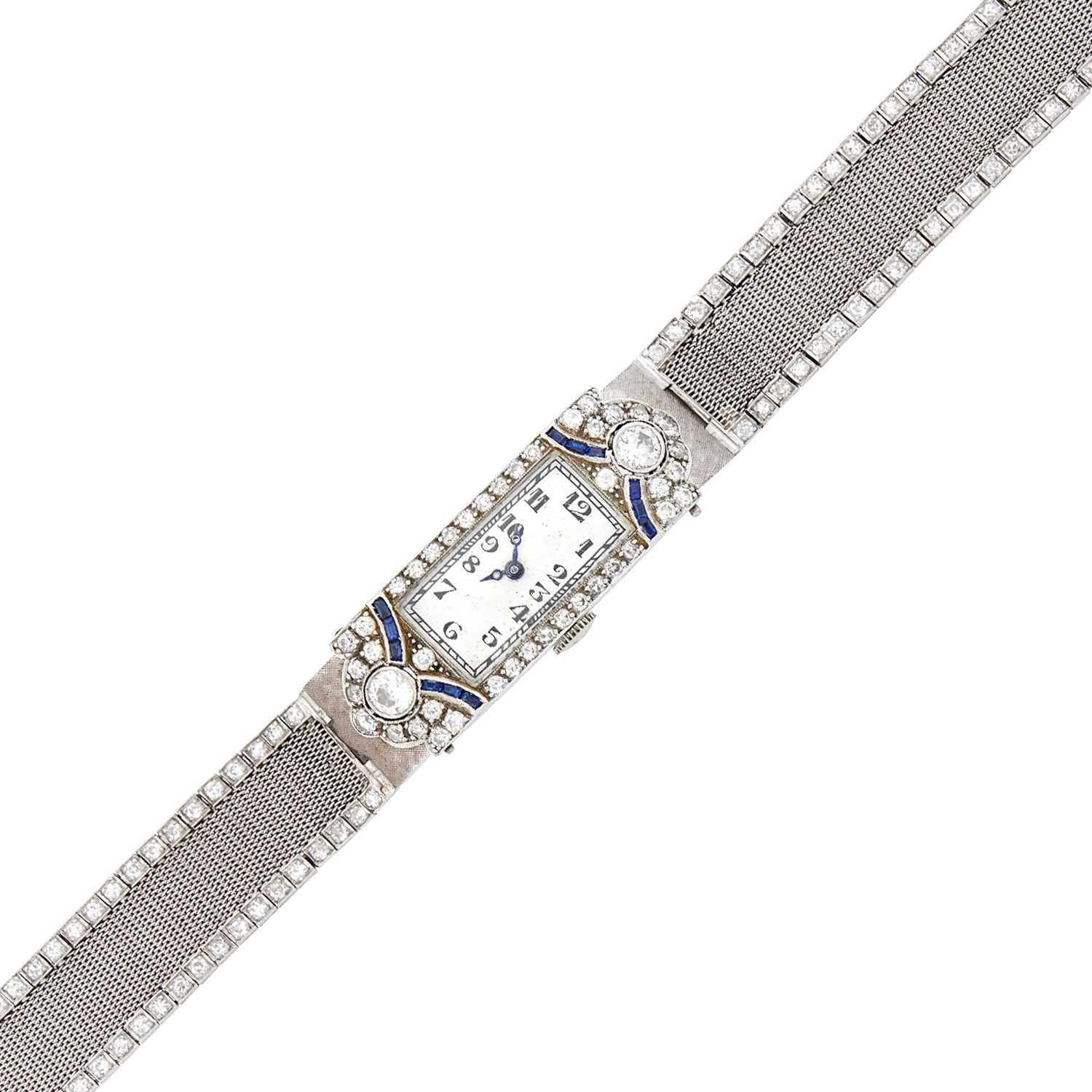 Lot 2117 - Platinum, Diamond and Sapphire Mesh Wristwatch