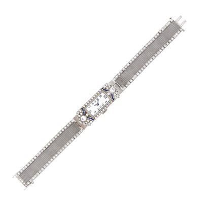 Lot 2117 - Platinum, Diamond and Sapphire Mesh Wristwatch