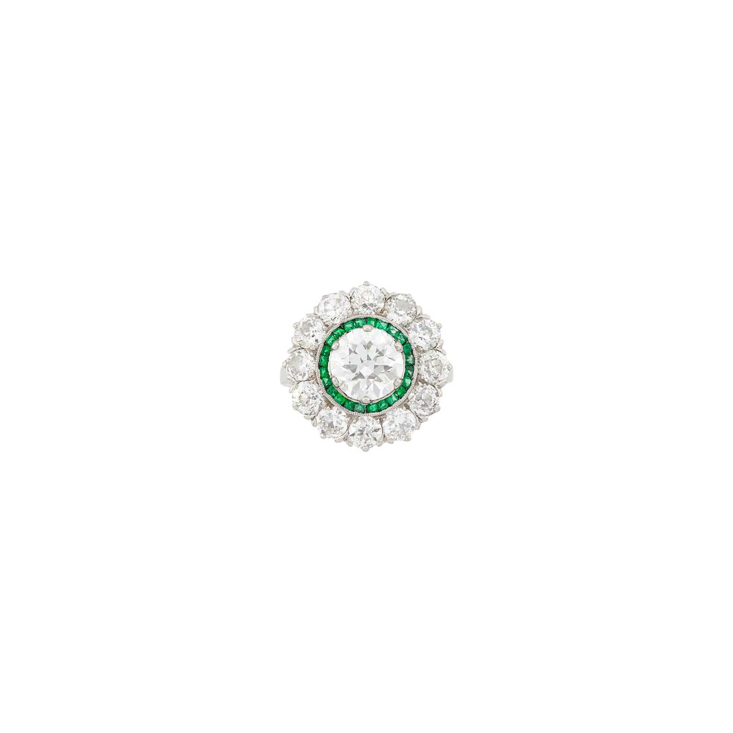 Lot 64 - Platinum, Diamond and Emerald Ring