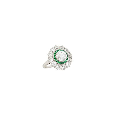 Lot 64 - Platinum, Diamond and Emerald Ring