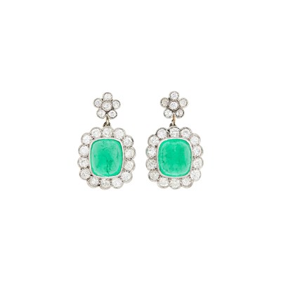 Lot 62 - Pair of Platinum, Cabochon Emerald and Diamond Pendant-Earrings