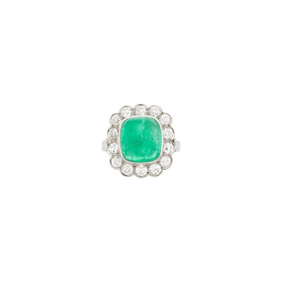 Lot 61 - Platinum, Cabochon Emerald and Diamond Ring