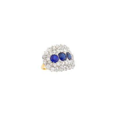 Lot 2143 - Antique Platinum, Gold, Synthetic Sapphire and Diamond Ring