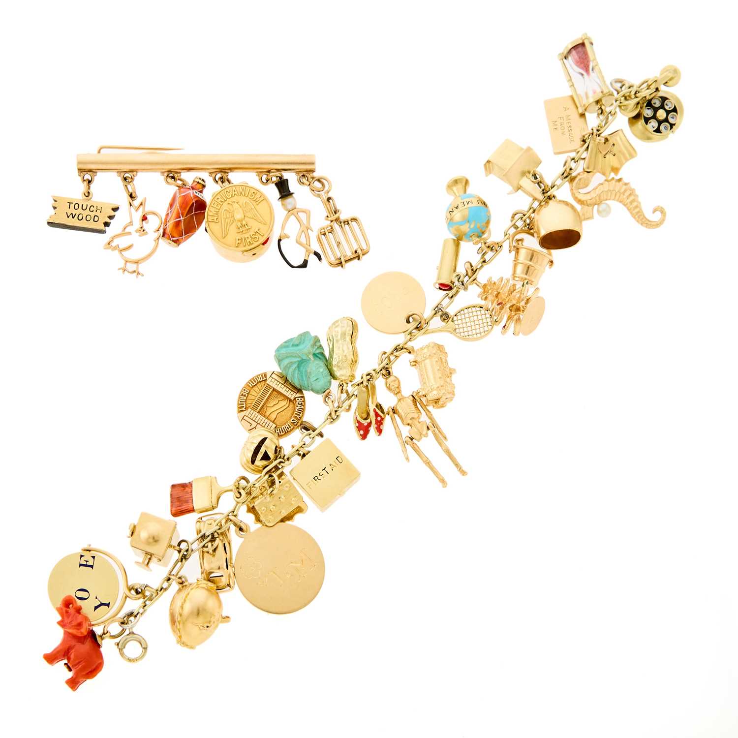 Lot 2182 - Gold, Gold-Filled and Enamel Charm Bracelet and Pin
