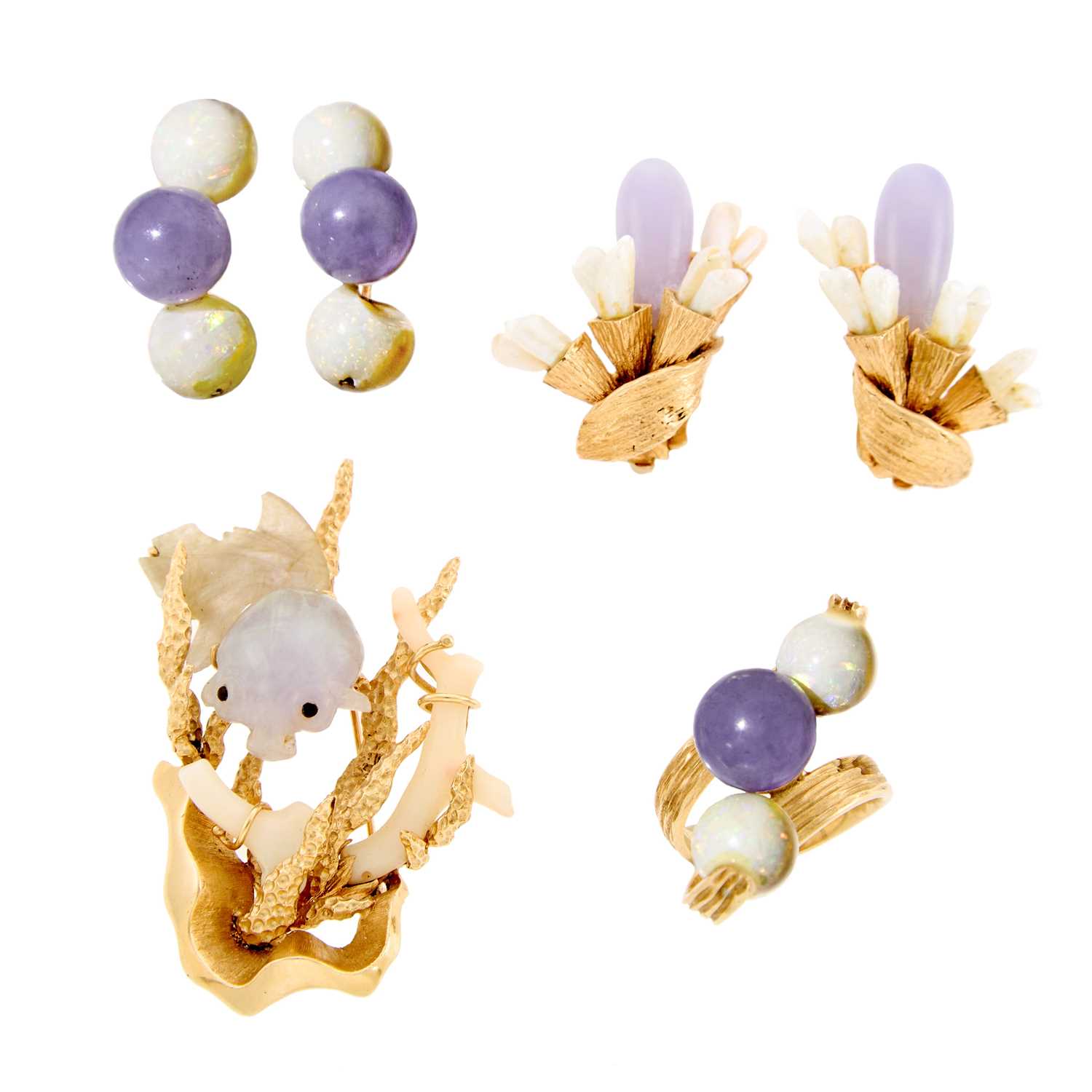 Lot 2216 - Group of Gold, White Opal, Lavender Jade and Angel Skin Coral Jewelry