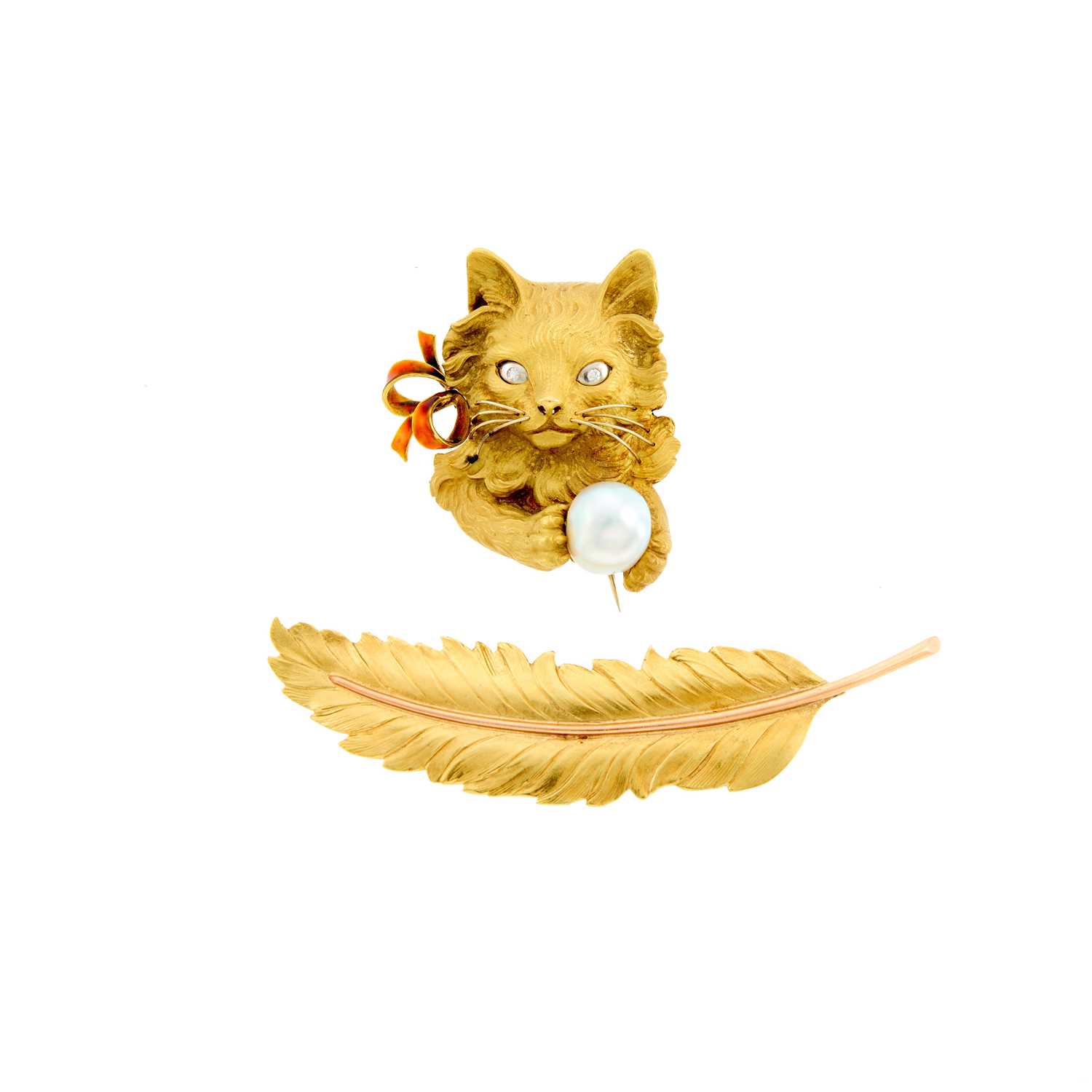 Lot 2187 - Two-Color Gold, Baroque Cultured Pearl, Diamond and Enamel Cat Pin and Feather Brooch