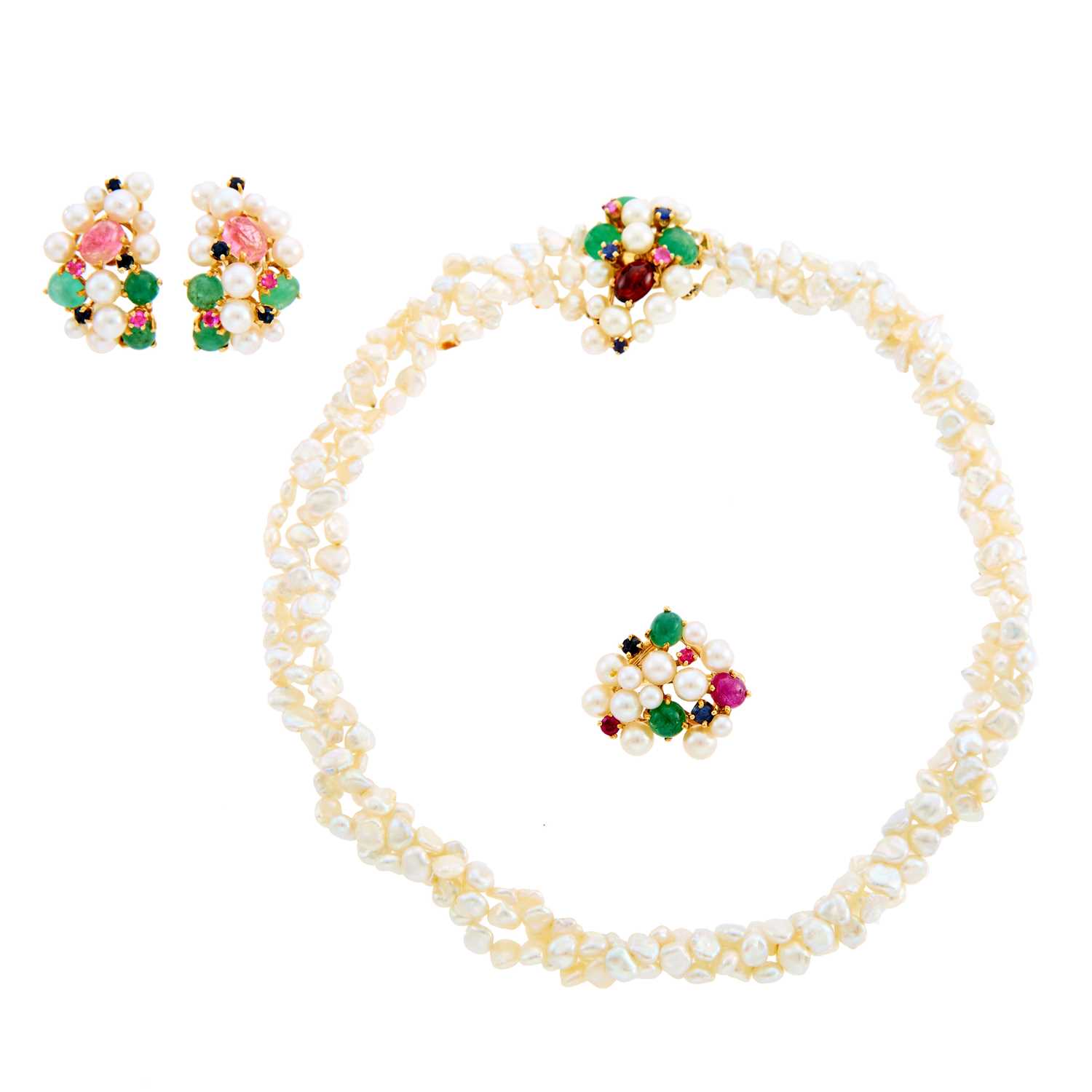 Lot 2049 - Triple Strand Gold, Freshwater and Cultured Pearl and Gem-Set Necklace, Ring and Pair of Earrings