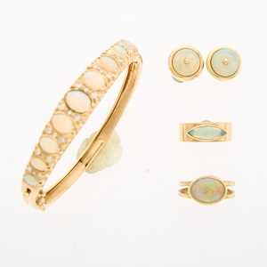 Lot 2218 - Gold, White Opal and Diamond Bangle Bracelet, Two Rings and Pair of Earrings
