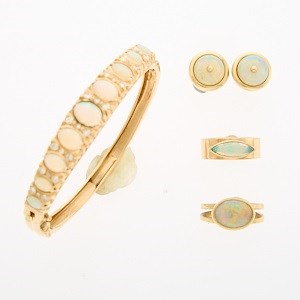 Lot 2218 - Gold, White Opal and Diamond Bangle Bracelet, Two Rings and Pair of Earrings