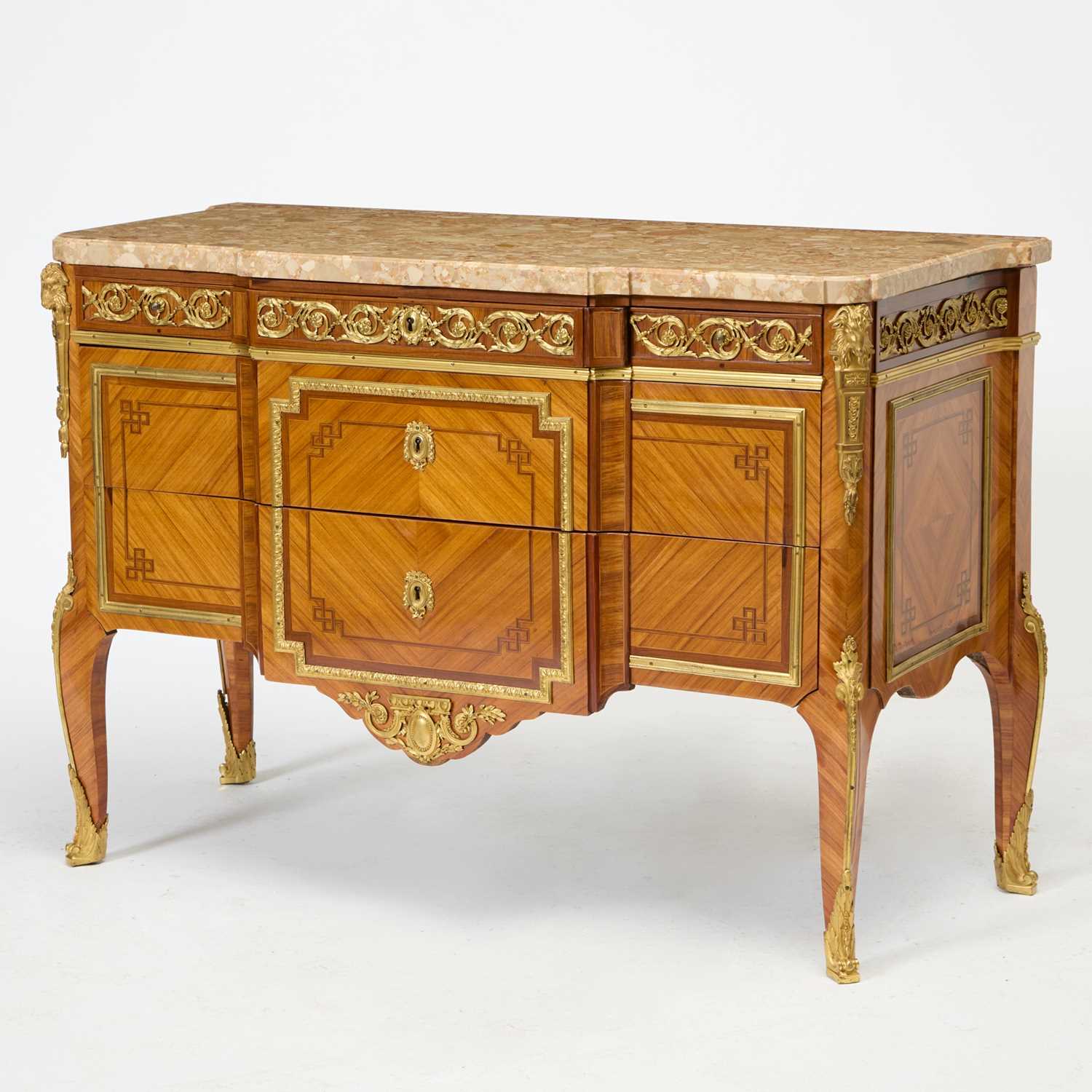 Lot Louis XV/XVI Transitional Ormolu-Mounted Kingwood, Tulipwood and Parquetry Commode
