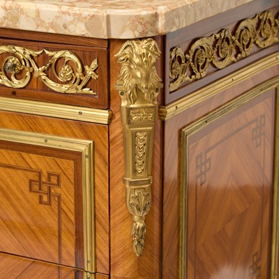 Lot Louis XV/XVI Transitional Ormolu-Mounted Kingwood, Tulipwood and Parquetry Commode