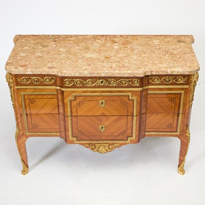 Lot Louis XV/XVI Transitional Ormolu-Mounted Kingwood, Tulipwood and Parquetry Commode