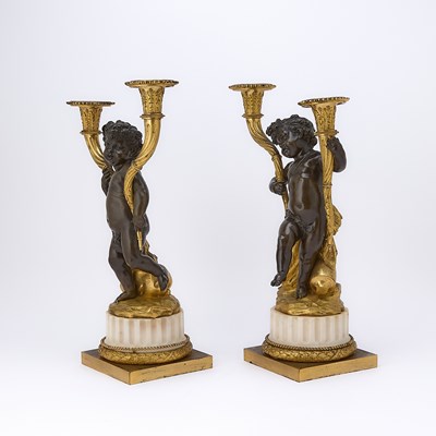 Lot Pair of Louis XVI Ormolu, Patinated Bronze and White Marble Two-Light Candelabra
