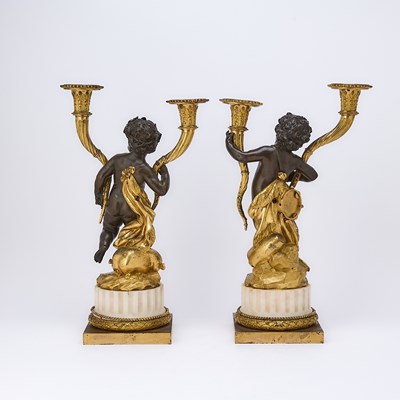 Lot Pair of Louis XVI Ormolu, Patinated Bronze and White Marble Two-Light Candelabra