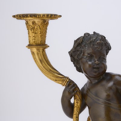Lot Pair of Louis XVI Ormolu, Patinated Bronze and White Marble Two-Light Candelabra