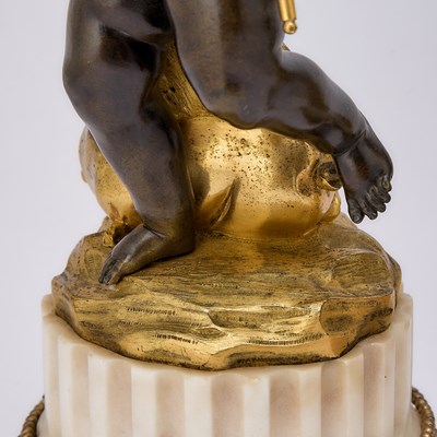 Lot Pair of Louis XVI Ormolu, Patinated Bronze and White Marble Two-Light Candelabra
