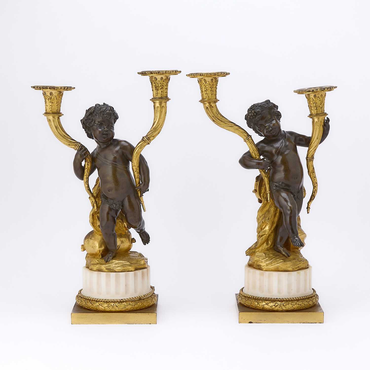 Lot Pair of Louis XVI Ormolu, Patinated Bronze and White Marble Two-Light Candelabra